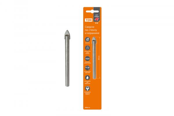 Сверло по стеклу и керамике 8×80 мм, 2 режима, лезвия, цилиндрический хвостовик, блистер 1 шт, "Рубин" TDM