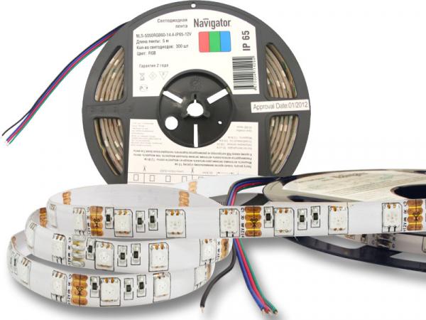 Лента светодиодная Navigator IP65  12V  14.4 Вт/м   мультиколор  71 429 NLS-5050RGB60 СД  (1уп.- 5м)